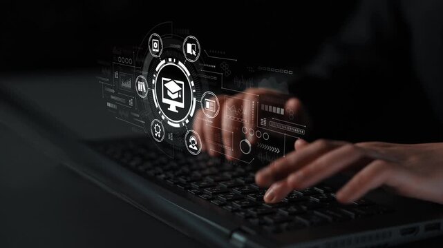 Hands Typing on Laptop with Digital Icons Representing Technology, Communication, and Data in a Dark Environment. Entropy.