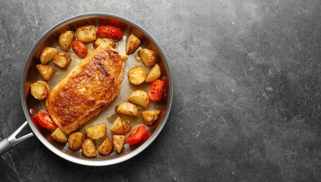 Overhead perspective of roasted haddock fillet served with tomatoes and potatoes in skillet on gray backdrop copy space