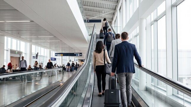People ascend a modern, brightly lit airport moving walkway, each individual with their own destination, capturing the essence of travel and transit.