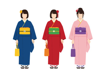 Set vector collection of women wearing traditional Japanese kimono in various poses and activities. Ideal for culture, tourism, heritage, festival, travel and education themes © Amie