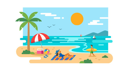 Obraz premium Flat Illustration of a Tropical Beach Scene with People Relaxing and Surfing