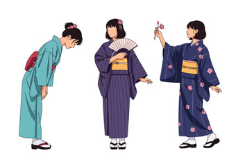 Set vector collection of women wearing traditional Japanese kimono in various poses and activities. Ideal for culture, tourism, heritage, festival, travel and education themes © Amie