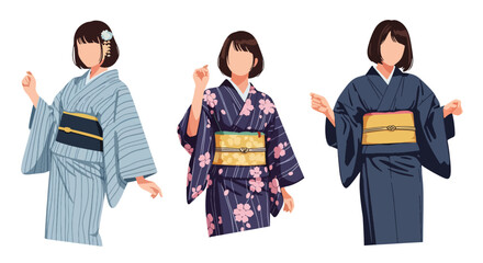 Set vector collection of women wearing traditional Japanese kimono in various poses and activities. Ideal for culture, tourism, heritage, festival, travel and education themes © Amie