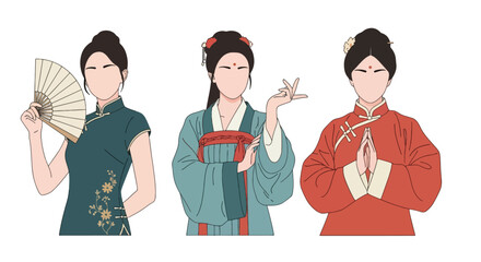 Set vector collection of women wearing traditional Chinese clothing in elegant poses. Ideal for culture, heritage, festival, tourism, history and education themes © Amie