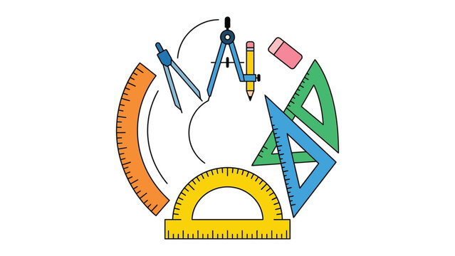 Geometric Tools: A vibrant collection of geometric tools, including compasses, rulers, protractors, and set squares, arranged in a circular composition.