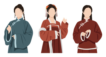 Set vector collection of women wearing traditional Chinese clothing in elegant poses. Ideal for culture, heritage, festival, tourism, history and education themes © Amie