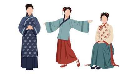 Set vector collection of women wearing traditional Chinese clothing in elegant poses. Ideal for culture, heritage, festival, tourism, history and education themes © Amie
