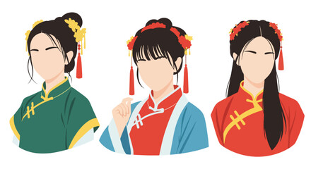 Set vector collection of women wearing traditional Chinese clothing in elegant poses. Ideal for culture, heritage, festival, tourism, history and education themes © Amie