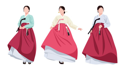 Set vector collection of women wearing traditional Korean hanbok outfits in different poses. Ideal for culture, heritage, tourism, festival, history and education themes © Amie