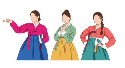 Set vector collection of women wearing traditional Korean hanbok outfits in different poses. Ideal for culture, heritage, tourism, festival, history and education themes © Amie