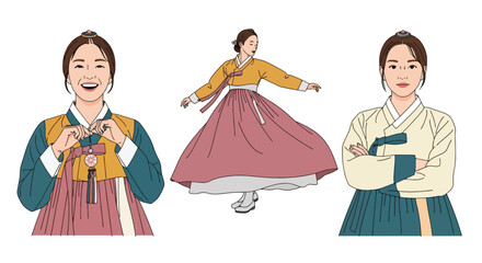 Set vector collection of women wearing traditional Korean hanbok outfits in different poses. Ideal for culture, heritage, tourism, festival, history and education themes © Amie