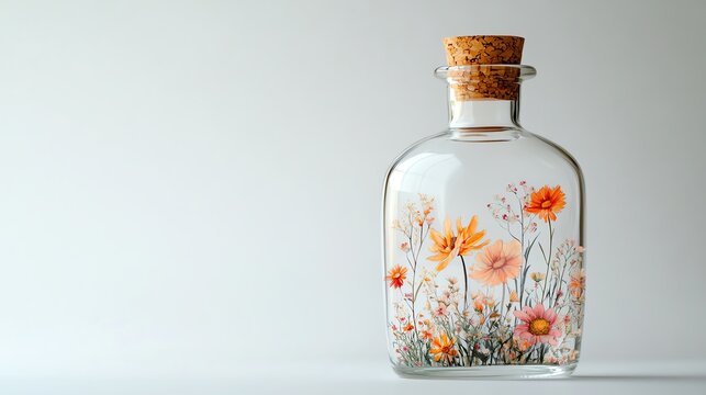 Clear glass bottle with floral design and cork lid vintage look isolate white background
