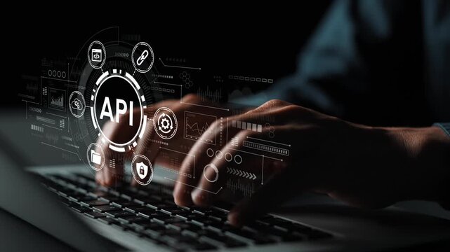 Hands typing on a keyboard with digital API icons and technology interface in dark environment, representing software development and programming innovation. Entropy.