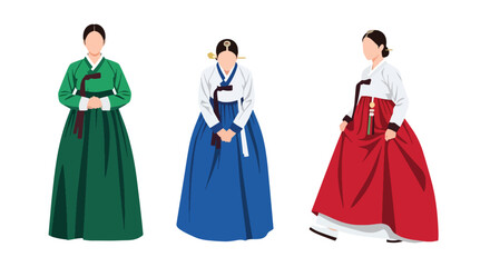 Set vector collection of women wearing traditional Korean hanbok outfits in different poses. Ideal for culture, heritage, tourism, festival, history and education themes © Amie