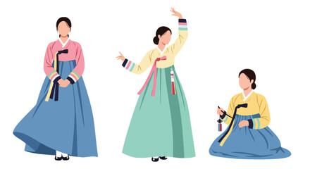 Set vector collection of women wearing traditional Korean hanbok outfits in different poses. Ideal for culture, heritage, tourism, festival, history and education themes © Amie