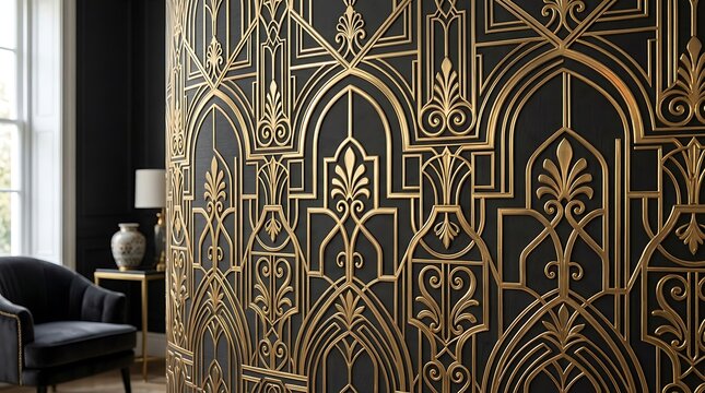 Intricate golden metallic architectural pattern on dark wall with modern furniture interior design