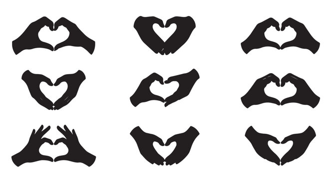 Black Silhouette Of Hands Forming Heart Shapes A Set Of Vector Icons On White gesture hand