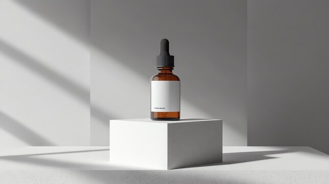 Dropper bottle with blank label next to a white box simple modern product display against gray background