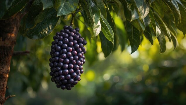 Organic Syzygium cumini cluster hanging from a vibrant green tree