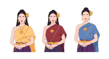 Set vector collection of women wearing traditional Thai costumes with jewelry and cultural styling. Ideal for heritage, tourism, festival and culture themes © Amie