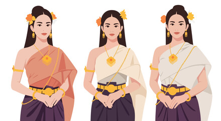 Set vector collection of women wearing traditional Thai costumes with jewelry and cultural styling. Ideal for heritage, tourism, festival and culture themes © Amie