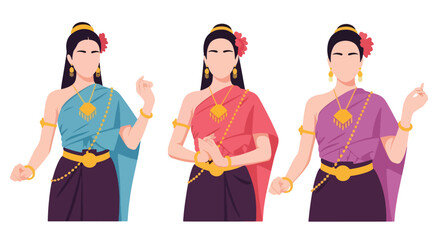 Set vector collection of women wearing traditional Thai costumes with jewelry and cultural styling. Ideal for heritage, tourism, festival and culture themes © Amie