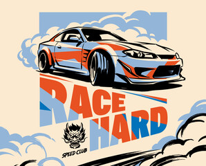 Drift car racing poster. Race Hard speed club vector illustration. Vintage automotive sports car art print. Street racing graphic design. © DandiPdn