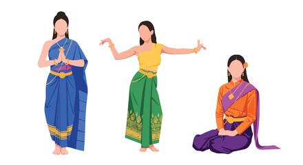 Set vector collection of women wearing traditional Thai costumes with jewelry and cultural styling. Ideal for heritage, tourism, festival and culture themes © Amie