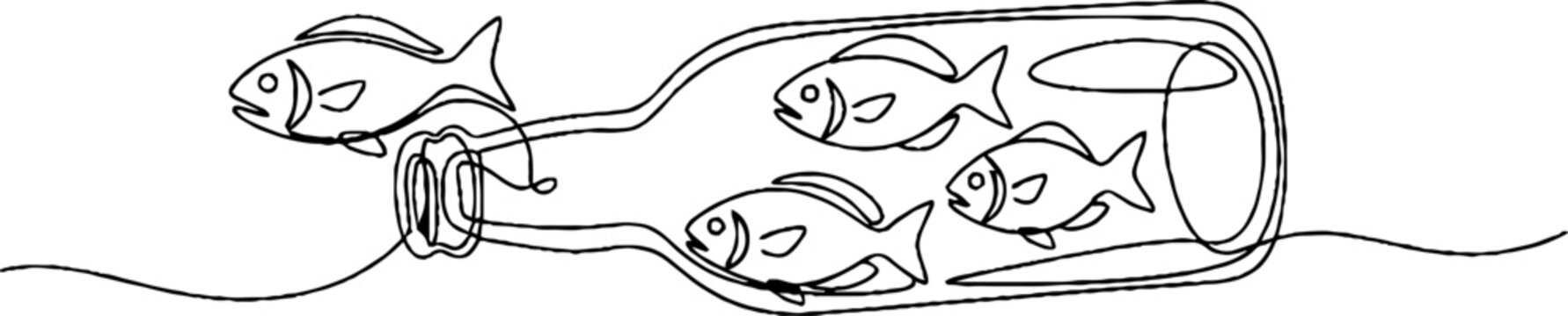 Illustration of fish escaping from a glass bottle.