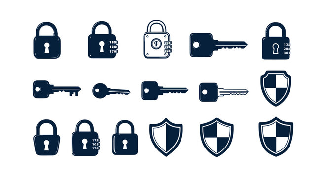 Collection of security icons featuring various padlocks combination locks keys and shields for web