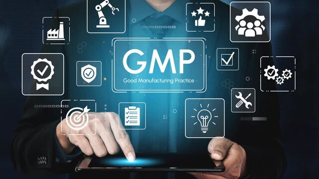 Person Interacting with Digital Icons Representing Good Manufacturing Practices in a Modern Workplace Environment. Entropy.