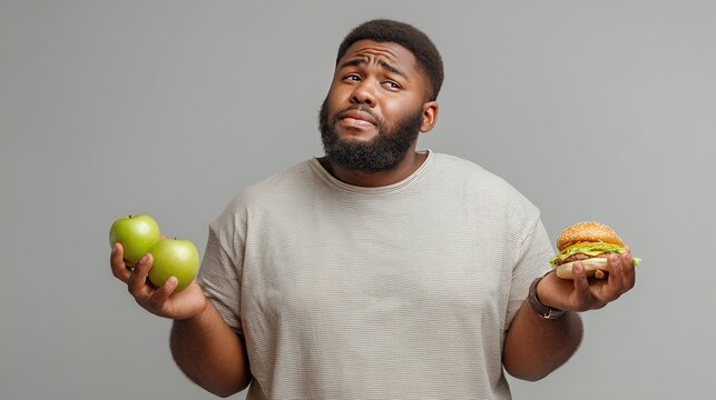 Portrait of confused young man choosing between healthy green apple and fatty hamburger for balanced diet decision on plain grey background