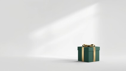 Obraz premium White background with a green present box and natural light