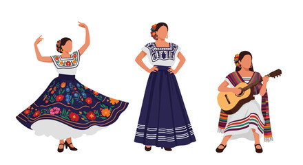 Set vector collection of women wearing colorful traditional Mexican costumes and cultural activities. Ideal for heritage, tourism, festival and culture themes © Amie