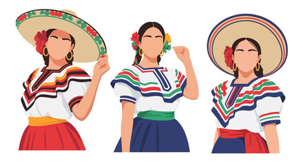 Set vector collection of women wearing colorful traditional Mexican costumes and cultural activities. Ideal for heritage, tourism, festival and culture themes © Amie
