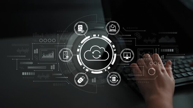 Hands Typing on Keyboard with Cloud Computing Icons and Data Analytics Graphics on Dark Background for Digital Technology Concept. Entropy.