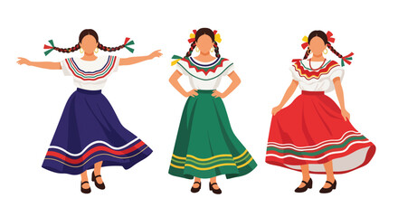 Set vector collection of women wearing colorful traditional Mexican costumes and cultural activities. Ideal for heritage, tourism, festival and culture themes © Amie