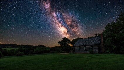 Obraz premium Tranquil rural cabin featuring a radiant Milky Way and night sky shooting stars
