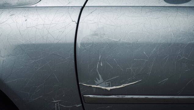 Scratched silver vehicle with door dents showcasing paint cracks for accident damage representation