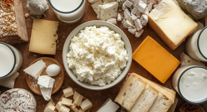 Nutrient rich dairy foods featuring cottage cheese milk and cheese with casein and lactose content