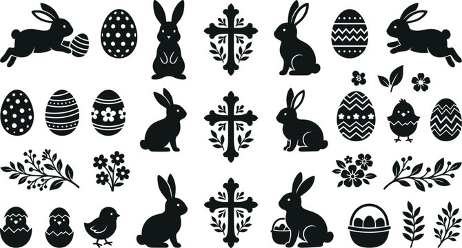 Easter bunny and egg silhouettes with decorative leaf branch in minimalist black and white style