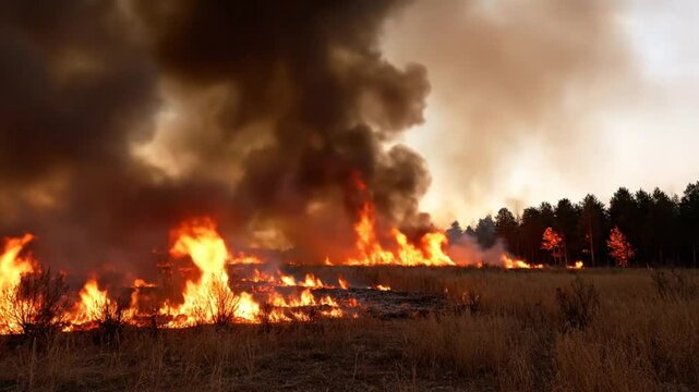Devastating landscape consumed by raging flames and dense smoke during a massive wildfire inferno with trees in background