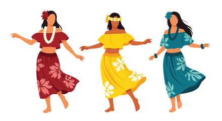 Set vector collection of women wearing Hawaiian hula costumes with floral accessories. Ideal for tropical, tourism, culture, travel and festival themes © Amie