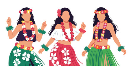 Set vector collection of women wearing Hawaiian hula costumes with floral accessories. Ideal for tropical, tourism, culture, travel and festival themes © Amie