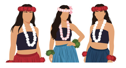 Set vector collection of women wearing Hawaiian hula costumes with floral accessories. Ideal for tropical, tourism, culture, travel and festival themes © Amie