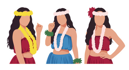 Set vector collection of women wearing Hawaiian hula costumes with floral accessories. Ideal for tropical, tourism, culture, travel and festival themes © Amie