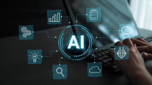 Abstract Artificial Intelligence Concept with Icons and Human Hands Working on a Laptop in the Background Creating Technology Integration. Entropy.