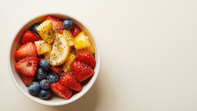 Nutritious fruit bowl with mixed diced fruits, chia seeds, and fresh lemon juice