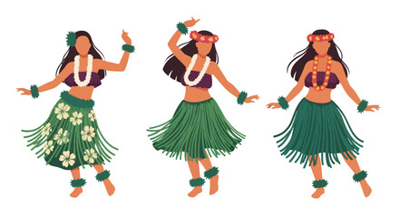 Set vector collection of women wearing Hawaiian hula costumes with floral accessories. Ideal for tropical, tourism, culture, travel and festival themes © Amie