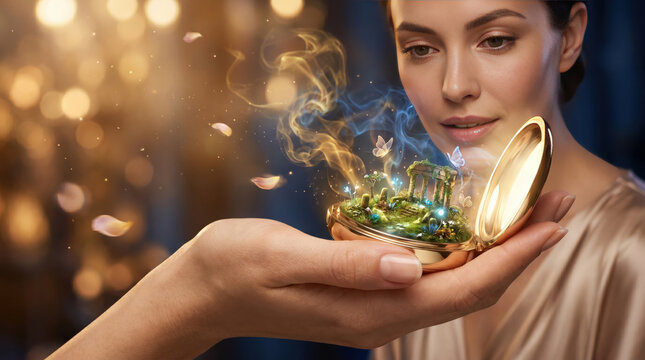 Woman holds a golden locket revealing a magical hidden forest landscape to symbolize mystery and enchanting beauty.